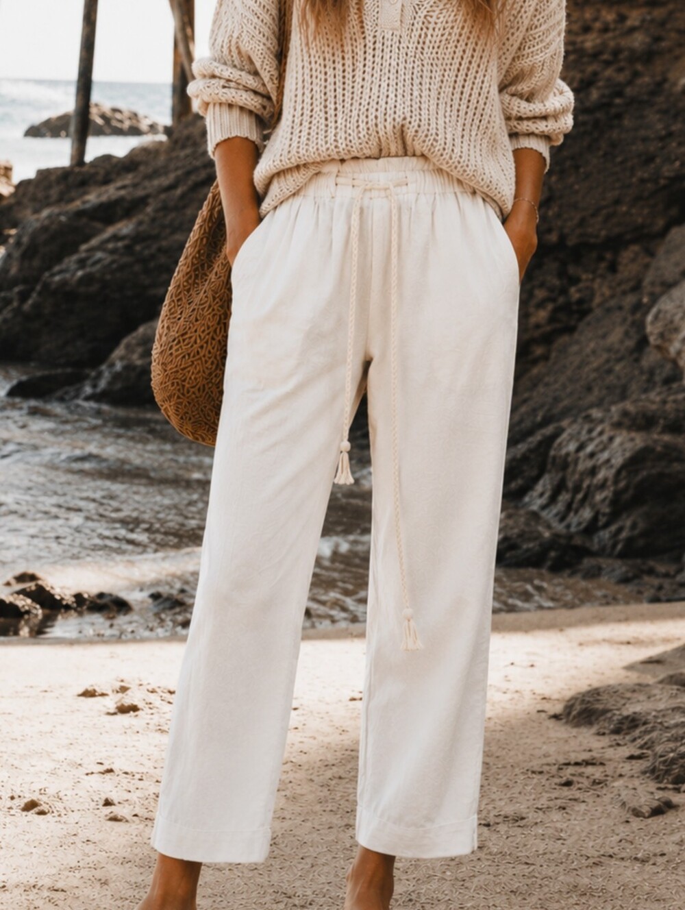 Free People Everyday Chambray White Linen Blend Drawstring Relaxed Cropped Pants